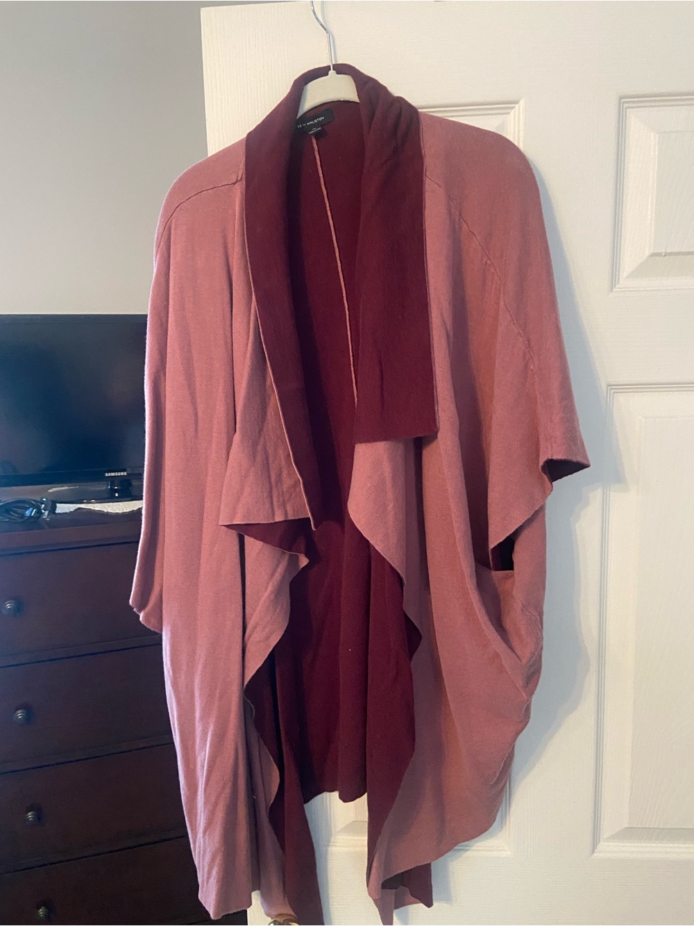 H by Halston Two-Tone Draped Open Cardigan - Rose and Burgundy